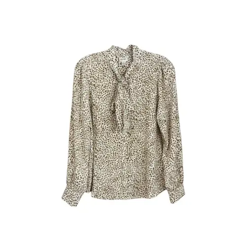 J. Crew White & Brown Leopard Print Bow Tie Neck Long Sleeve Blouse Size XL