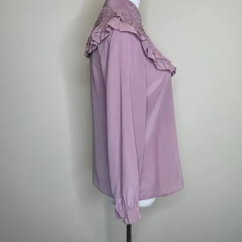 Vintage Purple Silk Ruffle Cutout Embroidered Blouse Sz Small