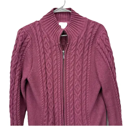LL Bean Pink Double L Mixed Cable Full Zip Mock Neck Cotton Sweater Size LARGE