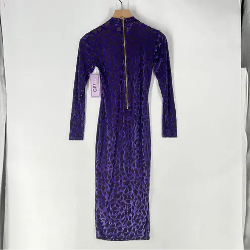 Goodtime USA Purple Burnout Velvet Geometric Long Sleeve Mock Neck Midi Dress