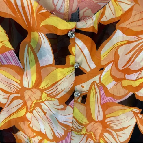 Clover + Pine Tropical Floral Chiffon Layered Scoop Neck Flutter Sleeve Blouse Orange Size XL