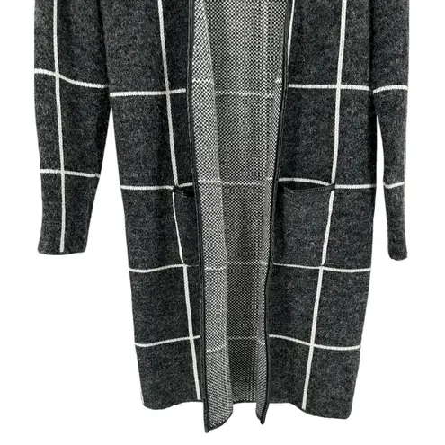 Fate Grey White Windowpane Open Car Coat size Large Faux Leather Fuzzy Pockets Gray