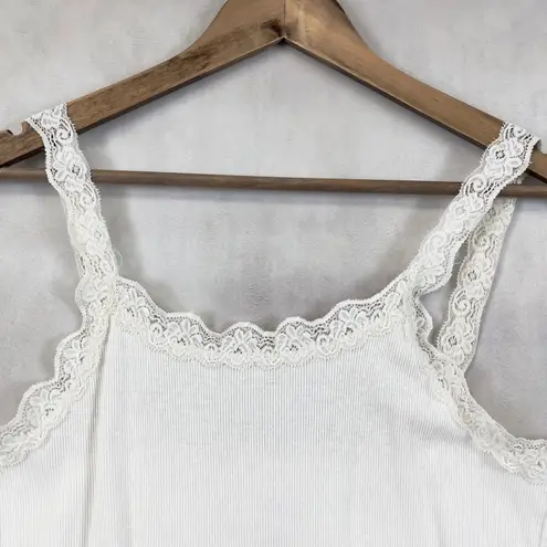Y2K Lace Trim Womens Tank Top Medium Ribbed Stretch Coquette Preppy Retro Soft White