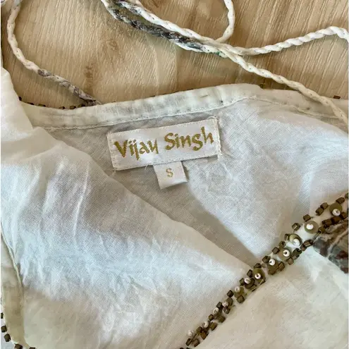 Vijay Singh White Dress With Paisley Print W/ Beading Sequins Light Weight SZ S