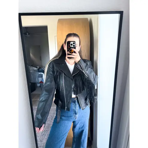 Vintage Hyde Out Leather Black Fringe Leather Jacket Size L