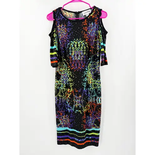 Joseph Ribkoff Dress SZ 10 Black Cold Shoulder Multi Sheath Knee Length Bodycon