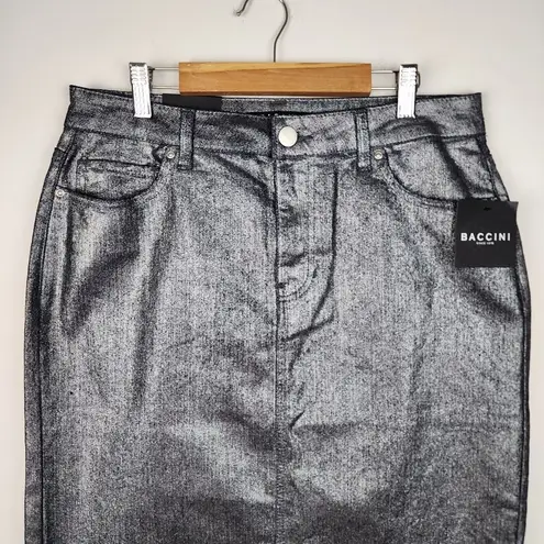 Baccini Silver Metallic Jean Skirt Denim Pencil Straight Stretch Skirt Size 8