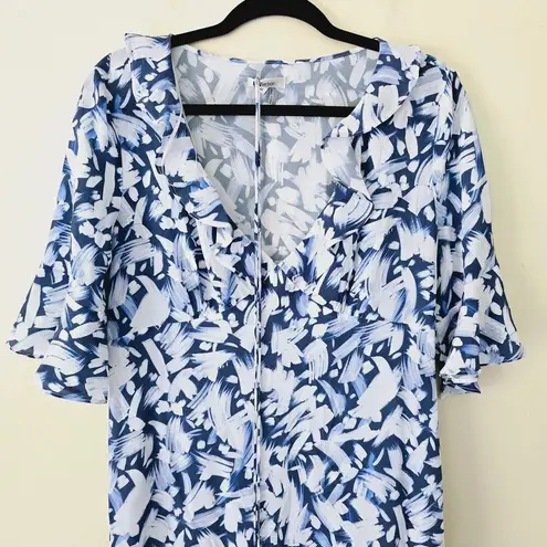 Tyler Boe Isabella Blue White Print Ruffle Silk Midi Dress Women's Size M Size M