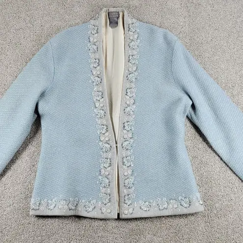 Sigrid Olsen  Womens Beaded Sweater M Blue Cream Embroidered Wool Cardigan