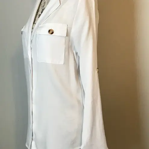 WHITE TEXTURED LONG SLEEVE BUTTON DOWN LINEN LIKE TOP w/ROLL TAB SLEEVES SZ. LG