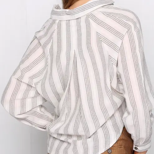 Boutique Grade & Gather Striped Tie Front Collared Long Sleeve Top - M