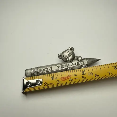 Signed JJ No. 1 Teacher Pencil With Teddy Bear Brooch Pin Jonette Jewelry Silver