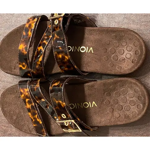 Vionic Skylar Tortoiseshell Brown Adjustable Orthotic Slide Sandals Size 7