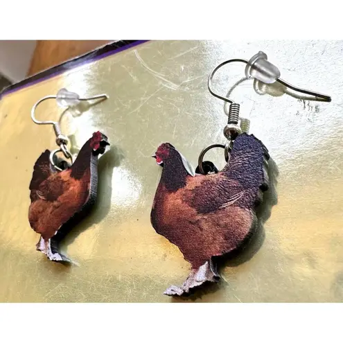 Rooster Earrings Chicken Farm Animal Eggs Pet New Hens Farmer Foul Chick Brown