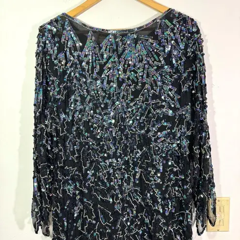 Vintage Saint Honore Black Iridescent Sequin Beaded Flapper Great Gatsby Dress Size M