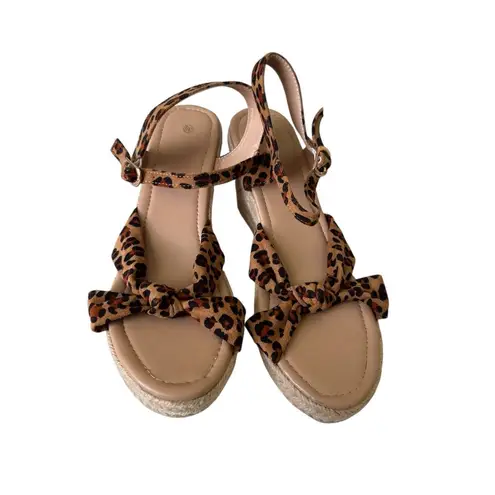 Leopard Print Wedge Sandals Women’s 8.5 Espadrille Platform Bow Strappy Shoes Tan