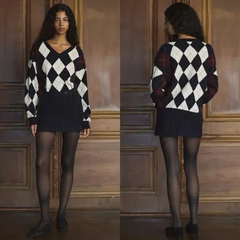 Doen Harlequin Cashmere Sweater Diamond Cream Navy Argyle Medium EUC Blue