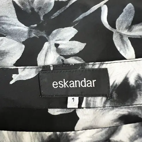 Eskandar Silk Satin Black White Floral Flower Print Pattern Kaftan Blouse Top L