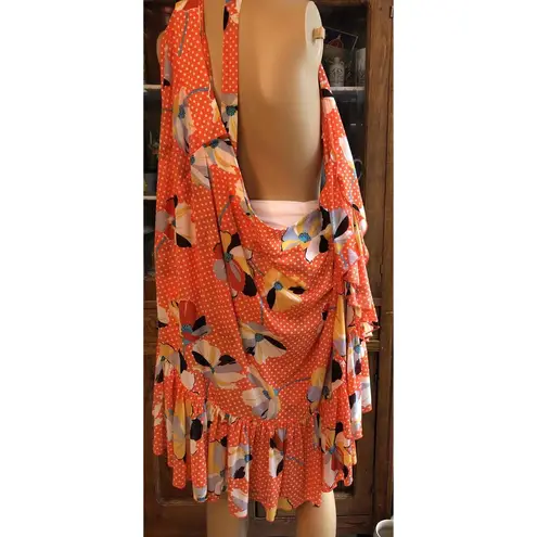 CAbi  Orange Floral Polka Dot Wrap Skirt Ruffle Hem Self Tie Waist   Size Small