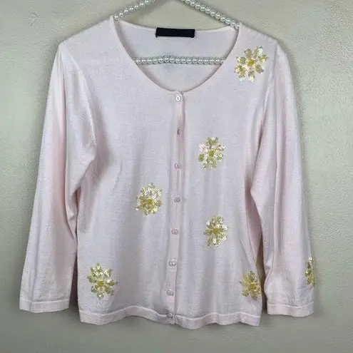 Alpha Massimo Rebecchi Pink Beaded Cardigan Floral Modest Flowers Prairie Preppy Size M