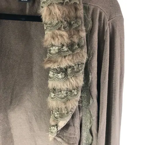 Dolce Cabo Cardigan Sweater Open Front Faux Fur Lace Brown L Size L