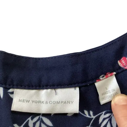 NY & Co Navy Coral Floral Cap Sleeve Blouse Blue Size L