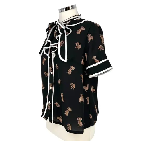 The Moon Dachshund Dog Print Bow Neck Retro Style Blouse Black Size Large