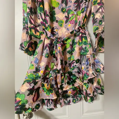 SALONI Silk Floral Ruffle Mini Dress Multicolor Light Pink Lined Slip Size 8