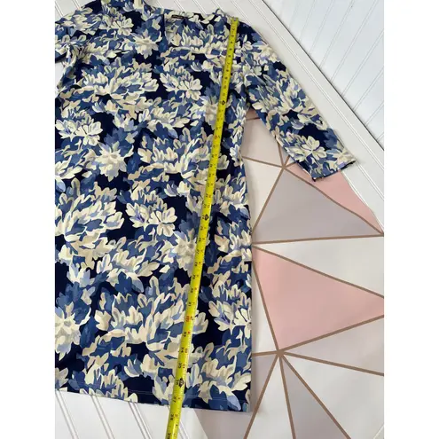 J. McLaughlin Straight Shift Dress Blue & Cream Long Sleeve Office Work Size M