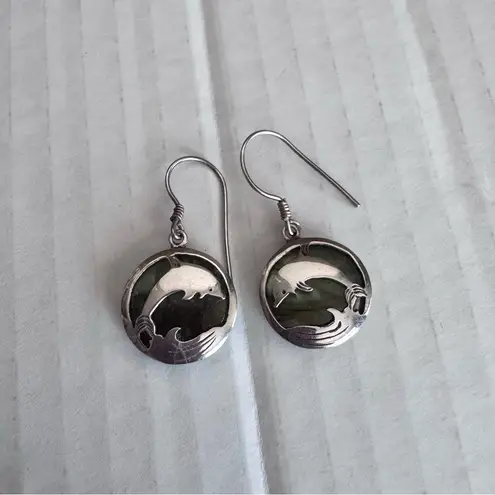 Sterling Silver & Labradorite Dolphin Pendant Drop Earrings Ocean Beach Coastal
