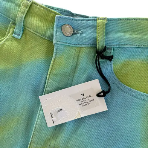 We Wore What Revolve Flare Bell Short Stretch Twill Denim Blue & Green Tie Dye 28