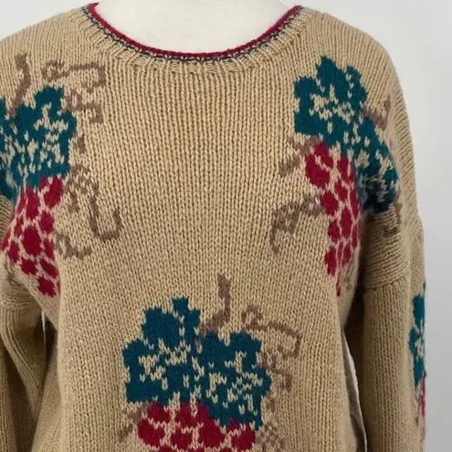 Vintage SKYR Shetland Wool Sweater Crewneck Pullover Grapes Pattern Tan Womens M Size M