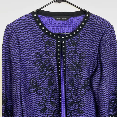 Ming Wang Jacket Medium Womens Purple Black Embroidered Knit Studded Career