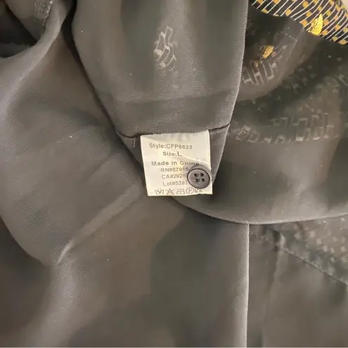 Elan Black Gold Metallic Feather Tie Neck Bow Button-up Bell Sleeve Dress Large