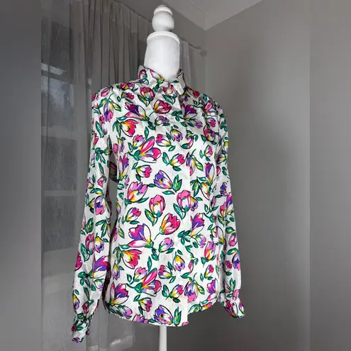 Vintage ‘90s Multicolored Floral Print Collared Long Sleeve Button Down Blouse White Size 10