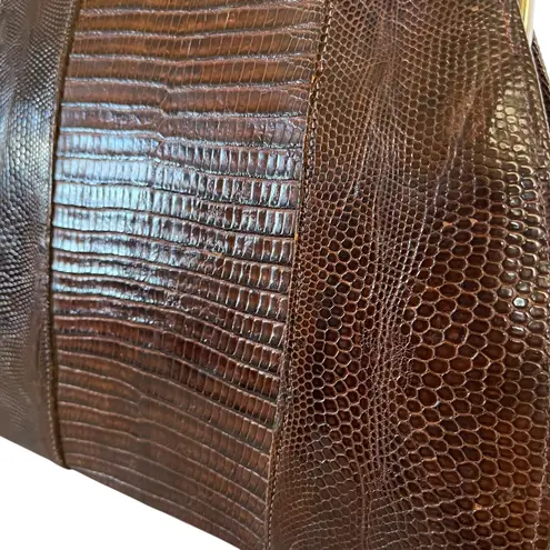 Vintage Genuine Lizard Brown Leather Frame Handbag with Oscar de la Renta Scarf