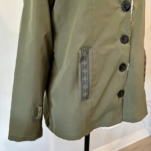 Olive Green Faux Sherpa Lined Jacket Size Medium Button Front Jacket Outerwear