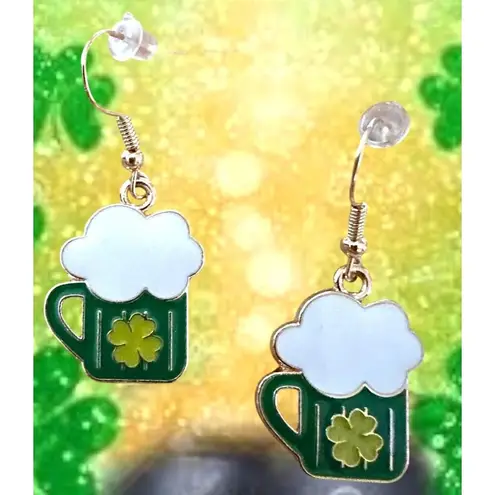 St Patricks Day Earrings Beer Four Leaf Clover Dangle Hooks Parade New F… Gold
