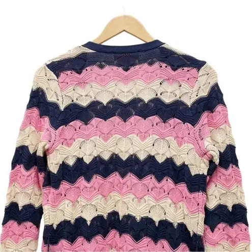 Laurie Felt Pointelle Knit Maxi Cardigan Duster Sweater Navy Pink Tan Size XXS