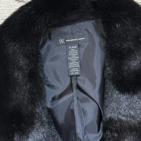 Vtg INC International Concepts Black Faux Fur Trim Coat Overcoat XL