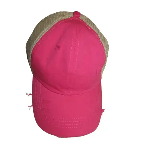 None Hot Pink Distressed Ponytail Trucker Hat Mesh Back Adjustable Cap