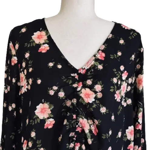 Planet Gold Black Pink Floral V-Neck Bell Sleeve Top Blouse Top Size 1X NEW
