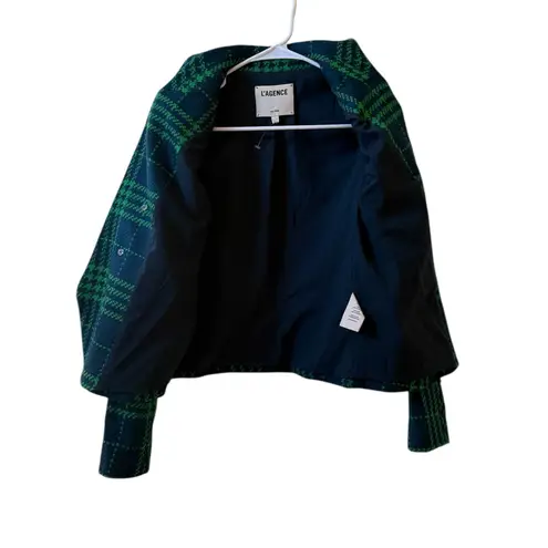 L'Agence Brooke Double Breasted Cropped Blazer in Jewel Green Multi Plaid Sz 4