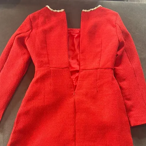 Women’s Short Red Dress Square Neck Faux Pearl