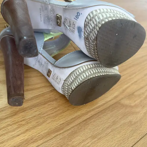 Biondini‎ sz 6 Gray Yellow Sandals Open Toe Leather Ankle Strap platform heels