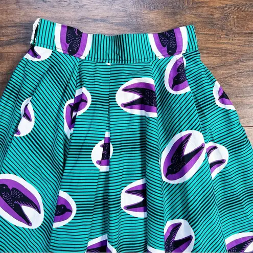 Francis + Benedict • pleated skirt African wax print cotton birds green purple Size XS