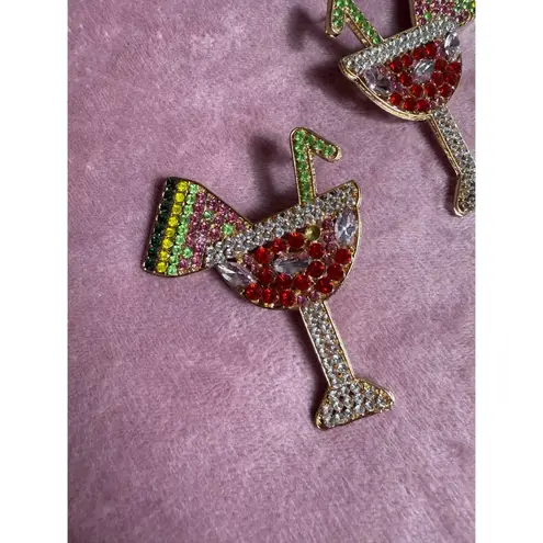 Martini Cocktail Watermelon Multi Color Rhinestone Earrings Costume Jewelry Red