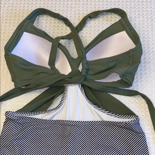 Medium Olive Sage Green Black White Striped Monokini One Piece Swimsuit