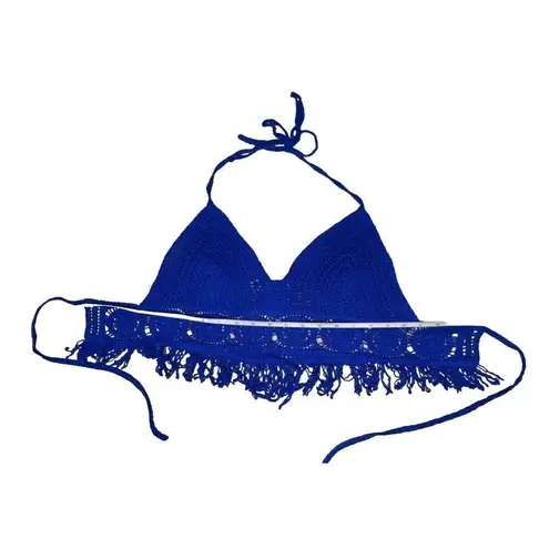 Sans Souci 2/$20 Blue Crochet Boho Hippie Cropped Fringe Halter Top sz Small