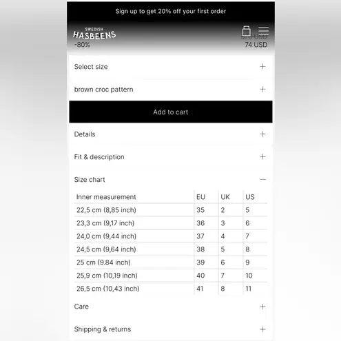 Swedish HasBeens Anette High Dark Brown Croc Slip In. Size 39/9US.